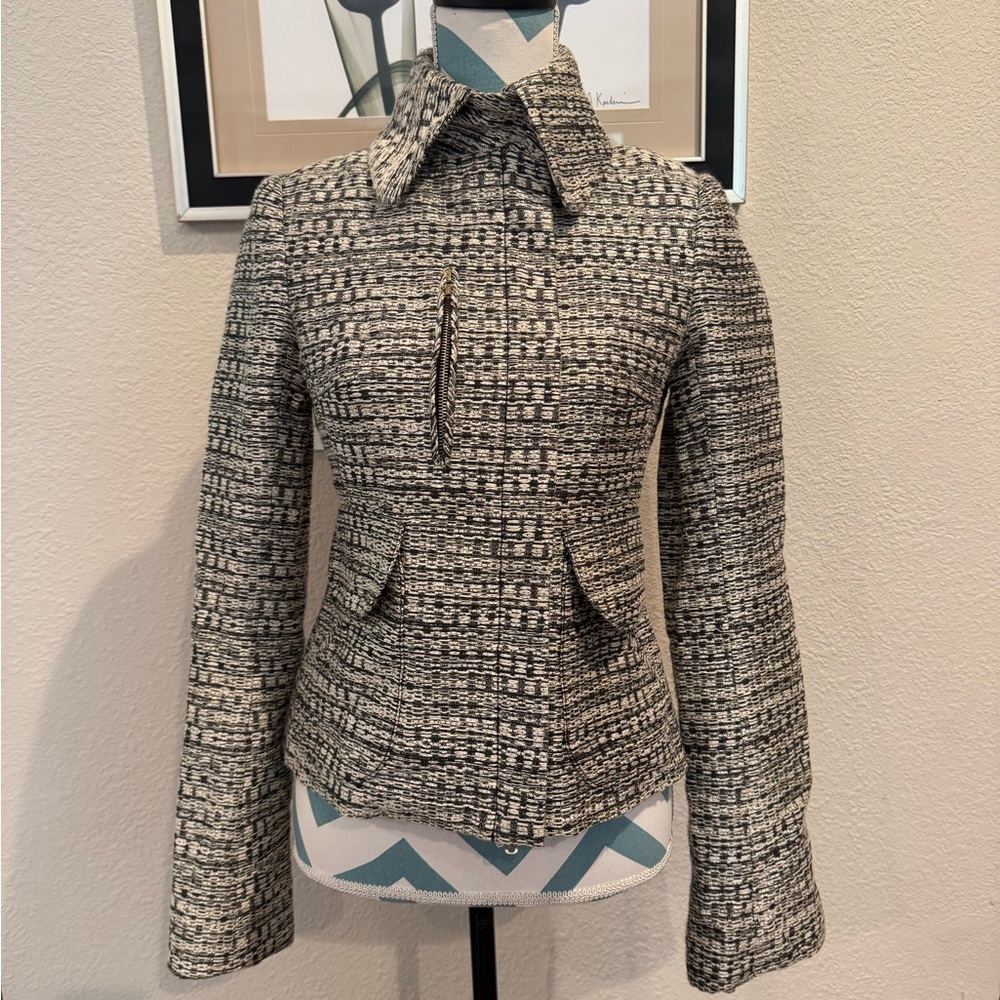 Tuleh Womens Olive Green White Champagne Gold Metallic Tweed Blazer Size 4